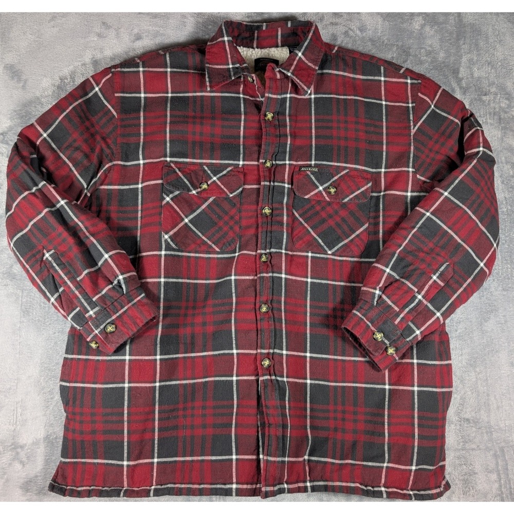 Dickies Mens XL Red Plaid Sherpa Lined Flannel Shirt Jacket Heavyweight Shacket